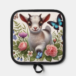 ベビーカラフルヤギと蝶と花 鍋敷き