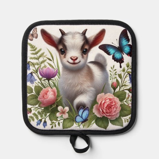 ベビーカラフルヤギと蝶と花 鍋敷き (正面)