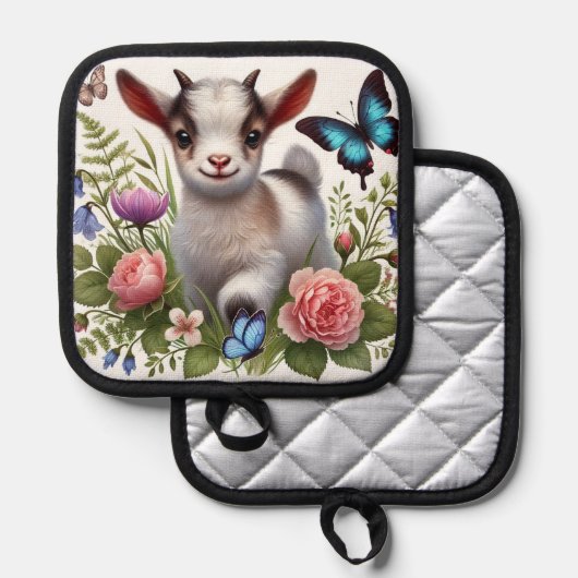 ベビーカラフルヤギと蝶と花 鍋敷き (正面/裏面)