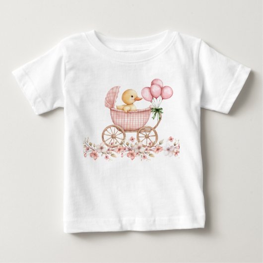 ベビーカーに乗った愛らしいアヒルの雛 ベビーTシャツ (正面)