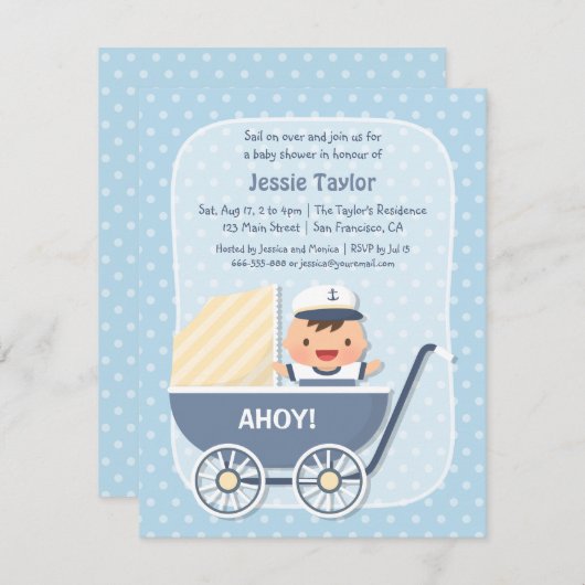 ベビーカーに可愛いセーラー航海のベビーシャワー 招待状 (正面/裏面)
