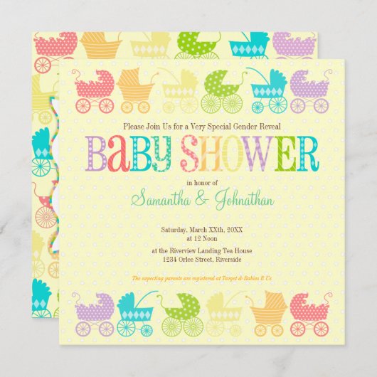 ベビーカーのシックな性はベビーシャワーの招待状を明らかにします 招待状 (正面/裏面)