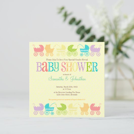 ベビーカーのシックな性はベビーシャワーの招待状を明らかにします 招待状 (スタンド正面)