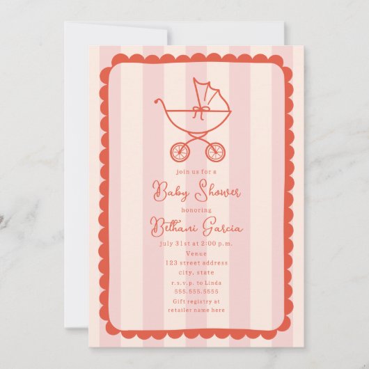 ベビーカーのスケッチうろこピンクの女の子の赤ちゃんシャワー 招待状 (正面)