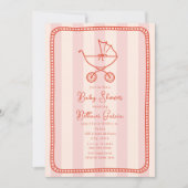 ベビーカーのスケッチドゥールピンクの女の子ベビーシャワー 招待状 (正面)