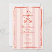 ベビーカーのスケッチドードルドットピンクガール赤ちゃんシャワー 招待状 (正面)