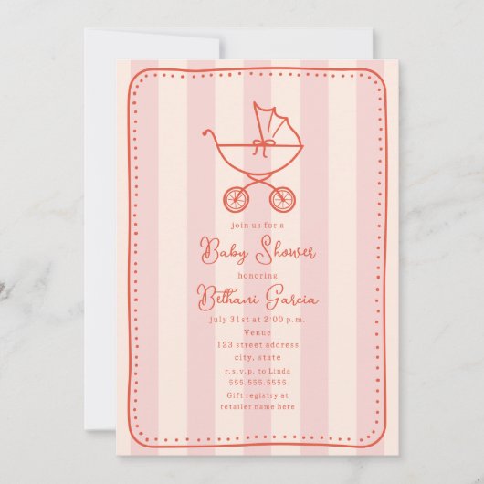 ベビーカーのスケッチドードルドットピンクガール赤ちゃんシャワー 招待状 (正面)