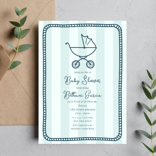 ベビーカーのスケッチブルーボーイベビーシャワー 招待状