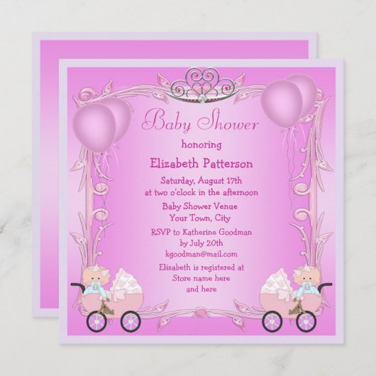 ベビーカーのベビーシャワーのピンクのプリンセスの双生児の女の子 招待状 (正面/裏面)