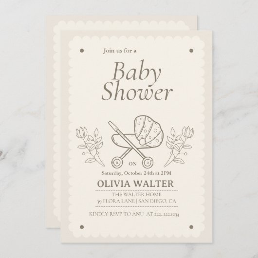 ベビーカーの冒険 | 赤男女兼用ちゃんシャワー 招待状 (正面/裏面)