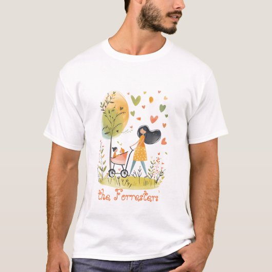 ベビーカーの双子と母 Tシャツ (正面)
