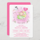 ベビーカーの女の子の水色のベビーガール 招待状 (正面/裏面)