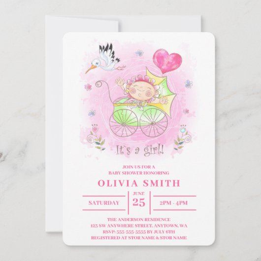 ベビーカーの女の子の水色のベビーガール 招待状 (正面)