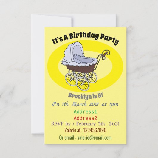 ベビーカーの漫画イラスト 招待状 (正面)