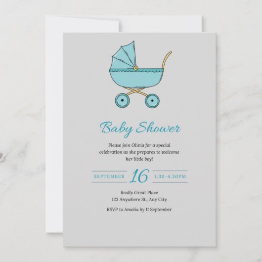 ベビーカーモダン付きグレーベビーシャワー招待状 シーズンカード (正面)