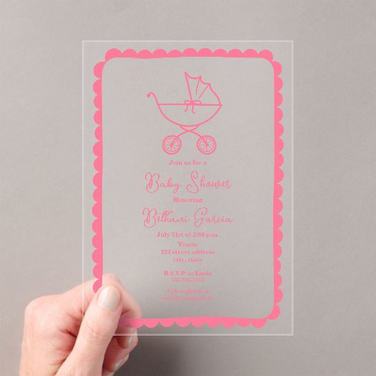 ベビーカー手描きピ縁どックガール赤ちゃんシャワー アクリル招待状 (インサイチュ (ポータブル))