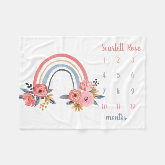 ベビーガーパーソナライズされたルマイルストーンフローラレインボー フリースブランケット (正面(横))