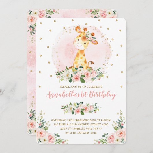 ベビーガーリーキリン赤面金ゴールドフローラ1日目の誕生日 招待状 (正面/裏面)