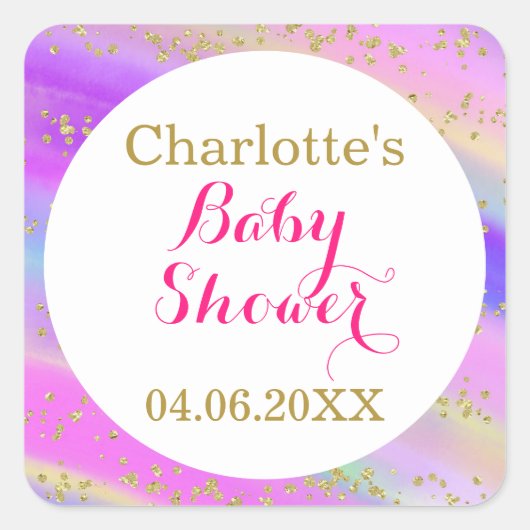 ベビーガーリーシャワーカラフルユニコーン金ゴールドグリッター スクエアシール (正面)