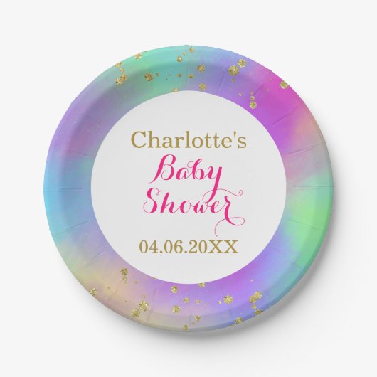 ベビーガーリーシャワーカラフルユニコーン金ゴールドグリッター ペーパープレート (正面)