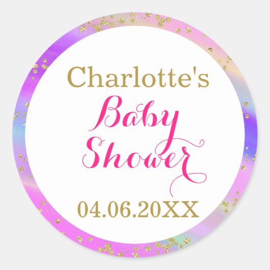 ベビーガーリーシャワーカラフルユニコーン金ゴールドグリッター ラウンドシール (正面)