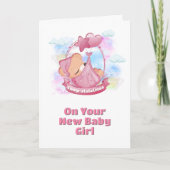 ベビーガールおめでとうピンクテディベアバルーン カード (正面)