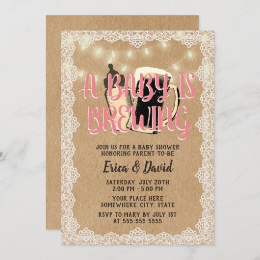 ベビーガールがレース素朴の赤ちゃんシャワーを醸造 招待状 (正面/裏面)