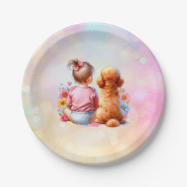 ベビーガールとアプリコットプードル ペーパープレート