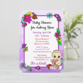 ベビーガールとテディベアパープルベビーシャワーフォーク 招待状 (スタンド正面)