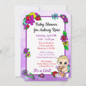 ベビーガールとテディベアパープルベビーシャワーフォーク 招待状 (正面)
