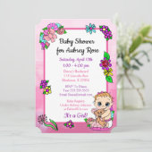 ベビーガールとテディベアピンク赤ちゃんシャワーフローラ 招待状 (スタンド正面)