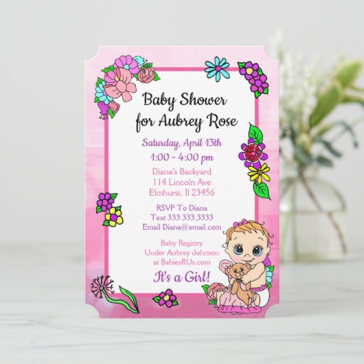 ベビーガールとテディベアピンク赤ちゃんシャワーフローラ 招待状 (スタンド正面)