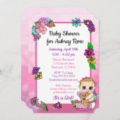 ベビーガールとテディベアピンク赤ちゃんシャワーフローラ 招待状 (正面/裏面)