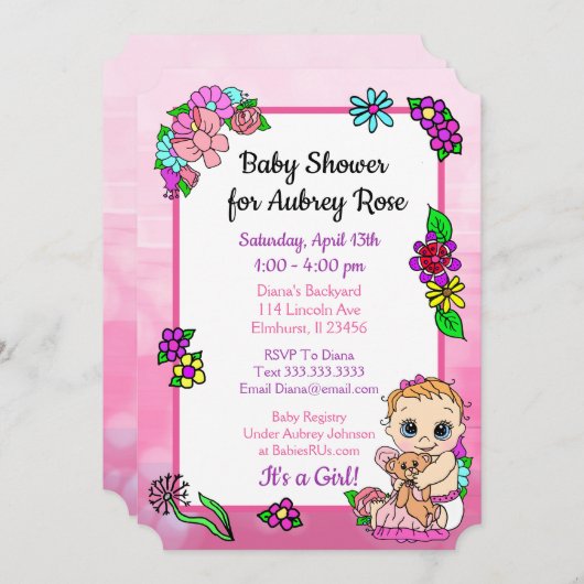 ベビーガールとテディベアピンク赤ちゃんシャワーフローラ 招待状 (正面/裏面)