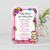 ベビーガールとテディベアピンク赤ちゃんシャワー 招待状 (スタンド正面)