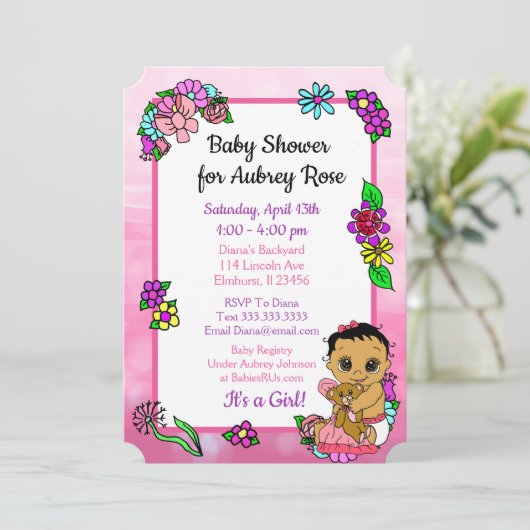 ベビーガールとテディベアーピンク赤ちゃんシャワー民族 招待状 (スタンド正面)