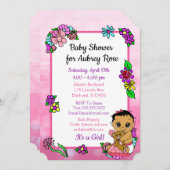ベビーガールとテディベアーピンク赤ちゃんシャワー民族 招待状 (正面/裏面)