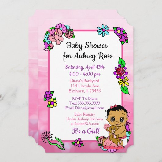 ベビーガールとテディベアーピンク赤ちゃんシャワー民族 招待状 (正面/裏面)