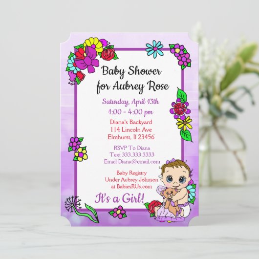 ベビーガールとテディベア紫のベビーシャワー 招待状 (スタンド正面)