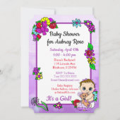 ベビーガールとテディベア紫のベビーシャワー 招待状 (正面)
