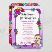 ベビーガールとテディベア紫のベビーシャワー 招待状 (正面/裏面)