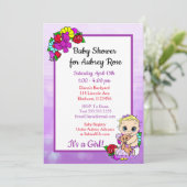 ベビーガールとテディベア紫のベビーシャワー 招待状 (スタンド正面)