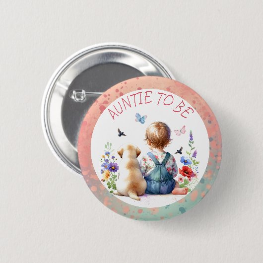 ベビーガールと子犬の赤ちゃんシャワー叔母になる 缶バッジ (正面&裏面)