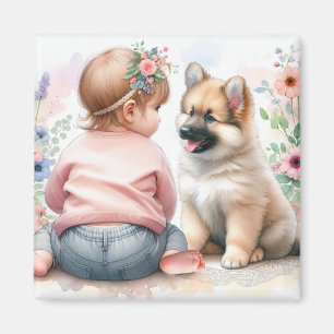 ベビーガールと子犬ピンク赤ちゃんシャワー マグネット