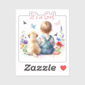 ベビーガールと子犬 |女の子の水色 シール (シート)