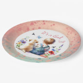 ベビーガールと子犬 |女の子の水色 ペーパープレート (アングル)