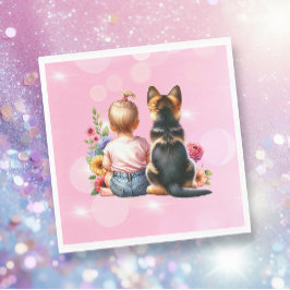 ベビーガールと子犬 | 赤ちゃんシャワー スタンダードランチョンナプキン