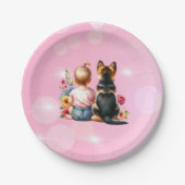 ベビーガールと子犬 | 赤ちゃんシャワー ペーパープレート (正面)