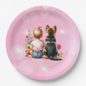 ベビーガールと子犬 | 赤ちゃんシャワー ペーパープレート (正面)