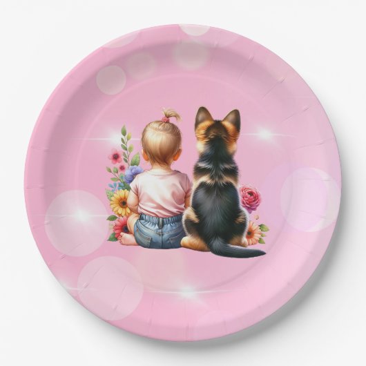 ベビーガールと子犬 | 赤ちゃんシャワー ペーパープレート (正面)